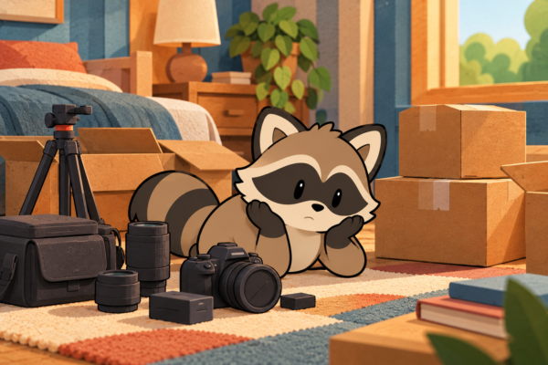 Pache resting his face in his paws, looking bored beside a new camera, photography equipment, and shipping boxes after losing interest in a hobby.