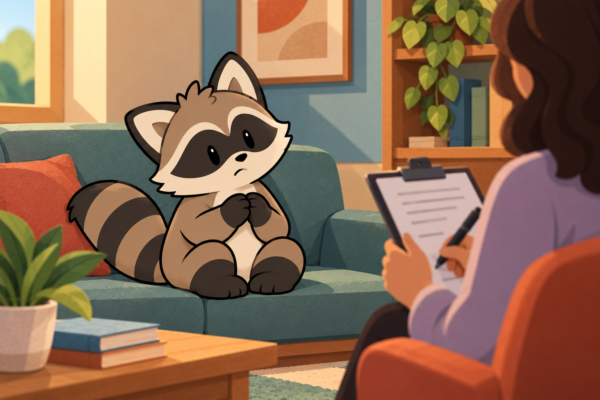 Pache sitting nervously on a teal couch with his paws clasped together while a psychologist takes notes during an adult ADHD assessment.