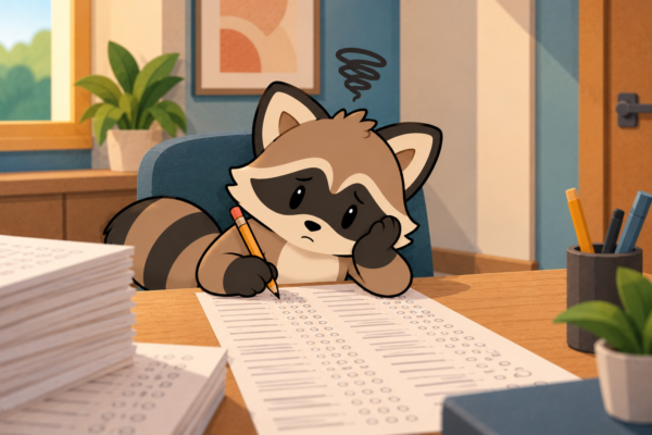 Pache looking overwhelmed while completing a lengthy psychological questionnaire at a desk during his adult ADHD assessment.