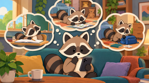 Adult Pache looking at his phone while remembering childhood experiences of daydreaming in school, difficulty focusing, and losing belongings.